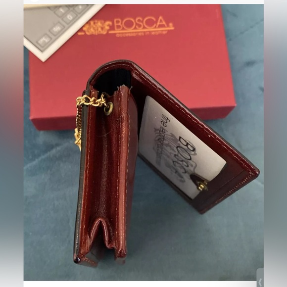 BOSCA Leather Fold Over Wallet Card Case Key Ring Burgundy